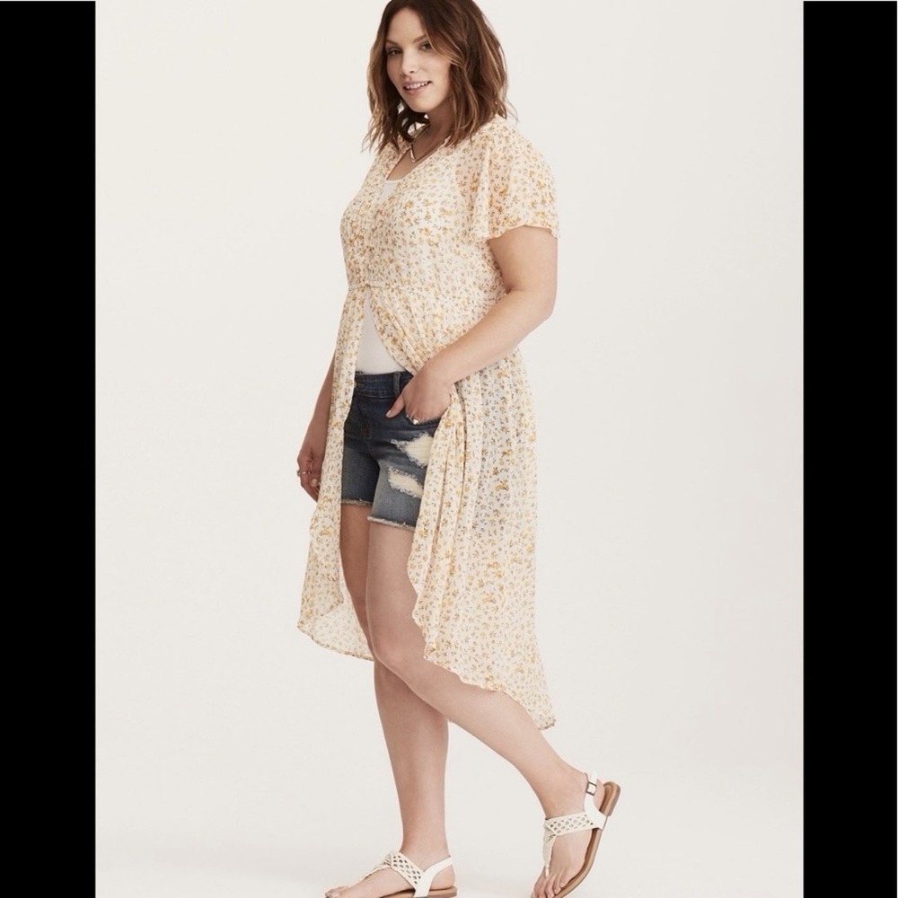 Torrid Top Floral Blouse Kimono Women's 3 White Yellow Maxi Top Hi Lo Top - Picture 2 of 10